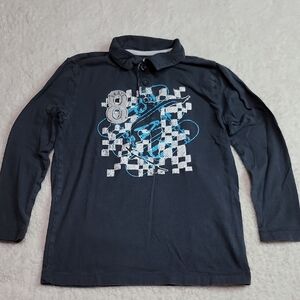 Old Navy S 6/7 Gray Blue White Skateboard Graphic Long Sleeve Polo Shirt